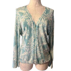 Talbots Cardigan Sweater XL P Extra Large Petite Blue Cream Thin Cotton